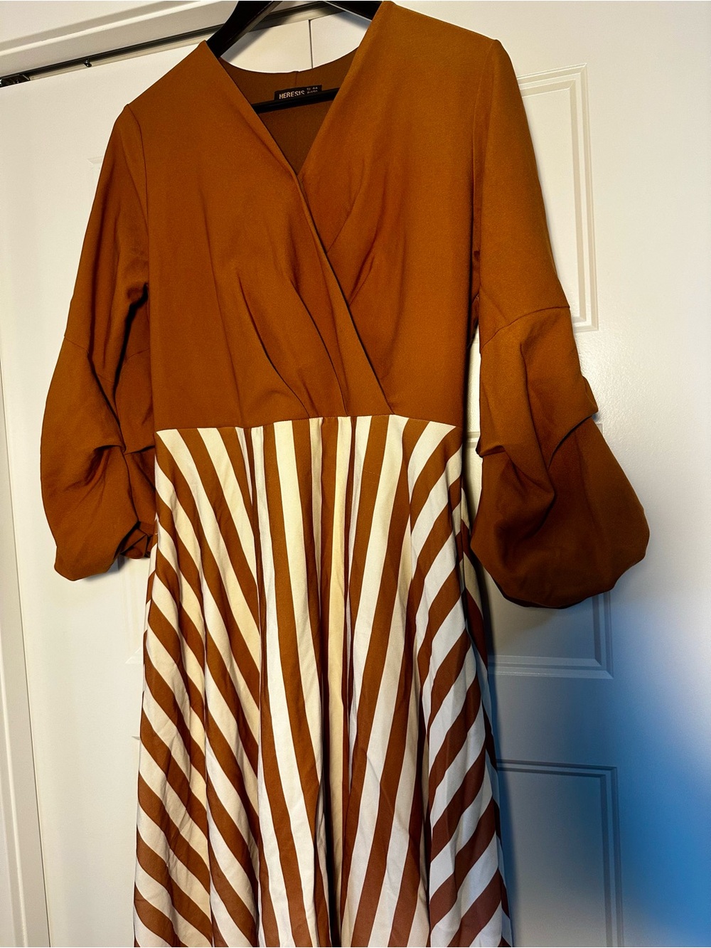 Heresis Italy Mixed Media Striped Midi Dress Faux Wrap Balloon Sleeve Brown 16